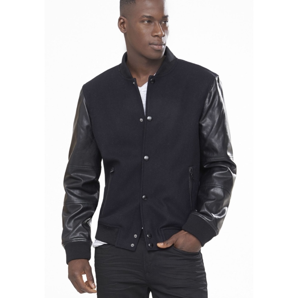 Express Faux Leather Sleeve Baseball Jacket